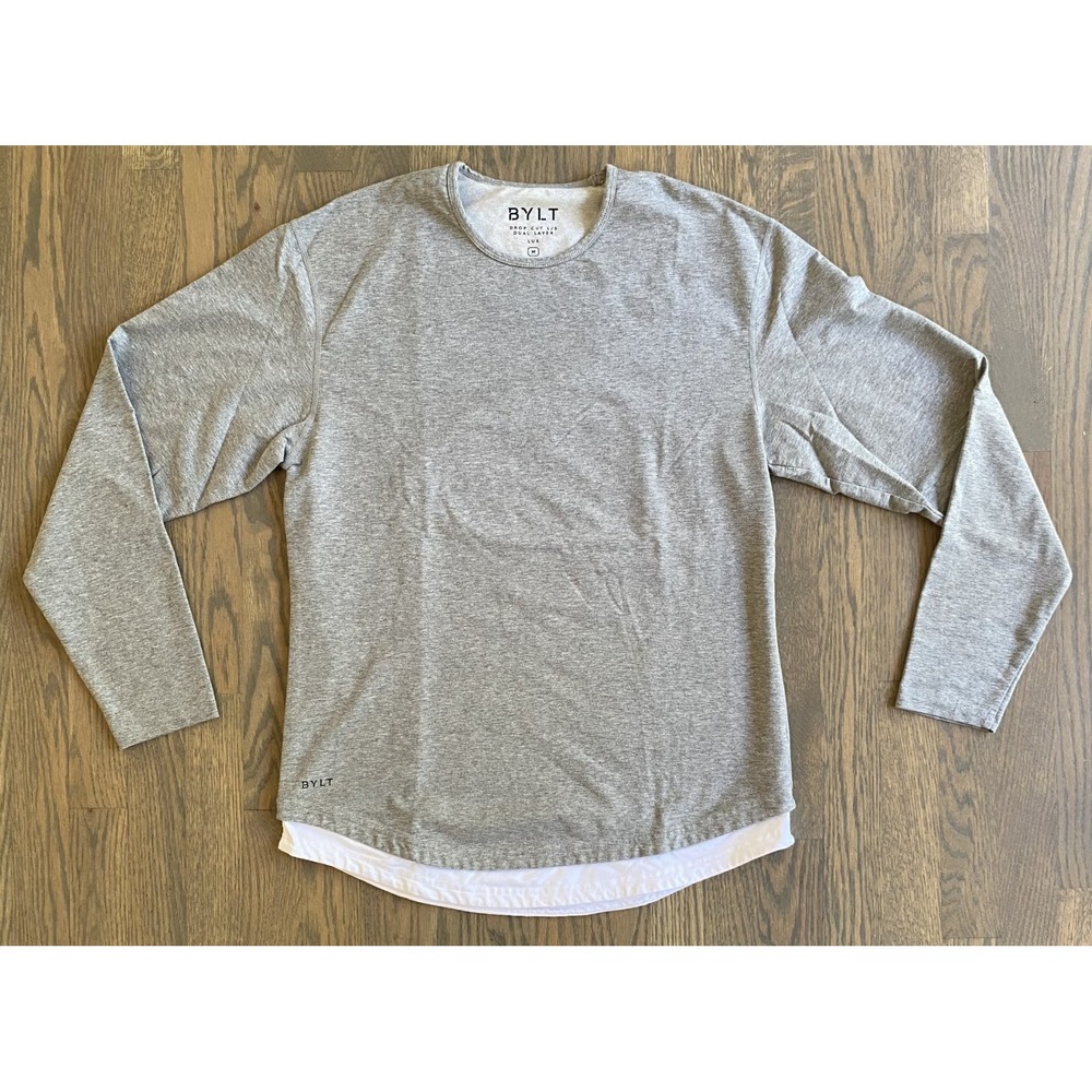 BYLT Drop Cut Dual Layer Long Sleeve Men s Gray/White Shirt Size Medium